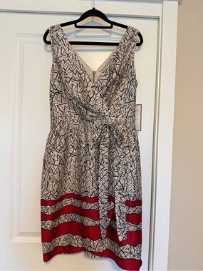 CeCe Cream Faux Wrap Dress with Black Geometric Print & Red Stripe Hem NWT